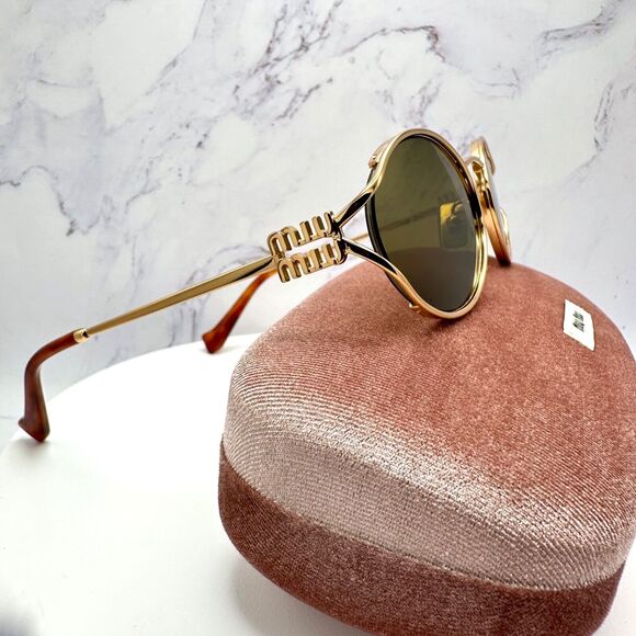 New MIU MIU Sunglasses Gold Oval Skinny Metal Frame Italy 100% Authentic - Picture 15 of 16